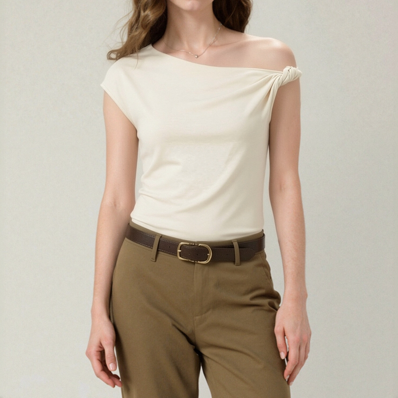 Basilbit Big Brand Alternative Xf0201 Cotton Wool Elastic One-Shoulder Twist T-Shirt Summer Thin Style
