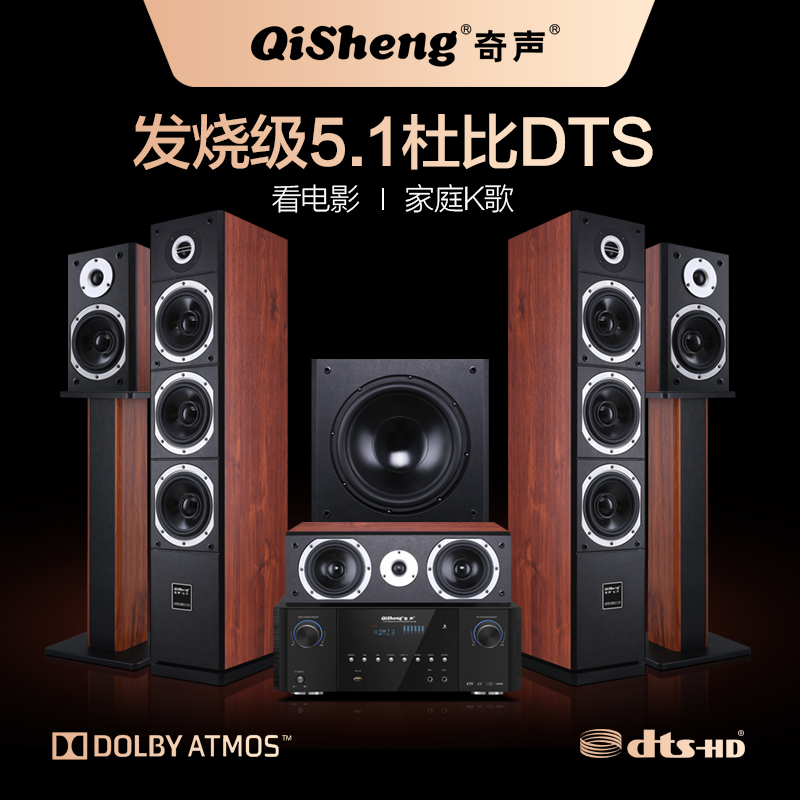 Qisheng Q35 Audiophile Grade Wooden Home Theater 5.1 Audio Set Classical Large AC-3 Dolby DTS Dual Decoded High Power Wireless Bluetooth K Song Combo Speaker Set
