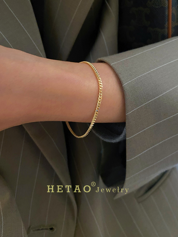 Hetao Minimalist Side Chain Cuban Link Bracelet, Shiny Plain Gold, Full 18K Gold, Light Gold, Non-Fading