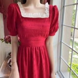 Летняя осенняя ретро дизайнерская красная длинная юбка, платье, французский стиль, тренд сезона, по фигуре, квадратный вырез