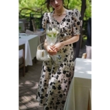 Ретро приталенный корсет, летняя длинная юбка, V-образный вырез, яркий броский стиль, рукава фонарики, цветочный принт