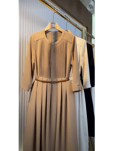 Хаки длинная юбка, летнее платье, летняя одежда, французский стиль, в стиле Шанель, круглый воротник, изысканный стиль