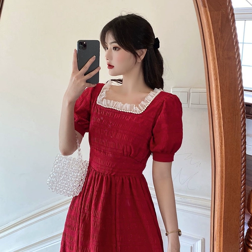 Летняя осенняя ретро дизайнерская красная длинная юбка, платье, французский стиль, тренд сезона, по фигуре, квадратный вырез