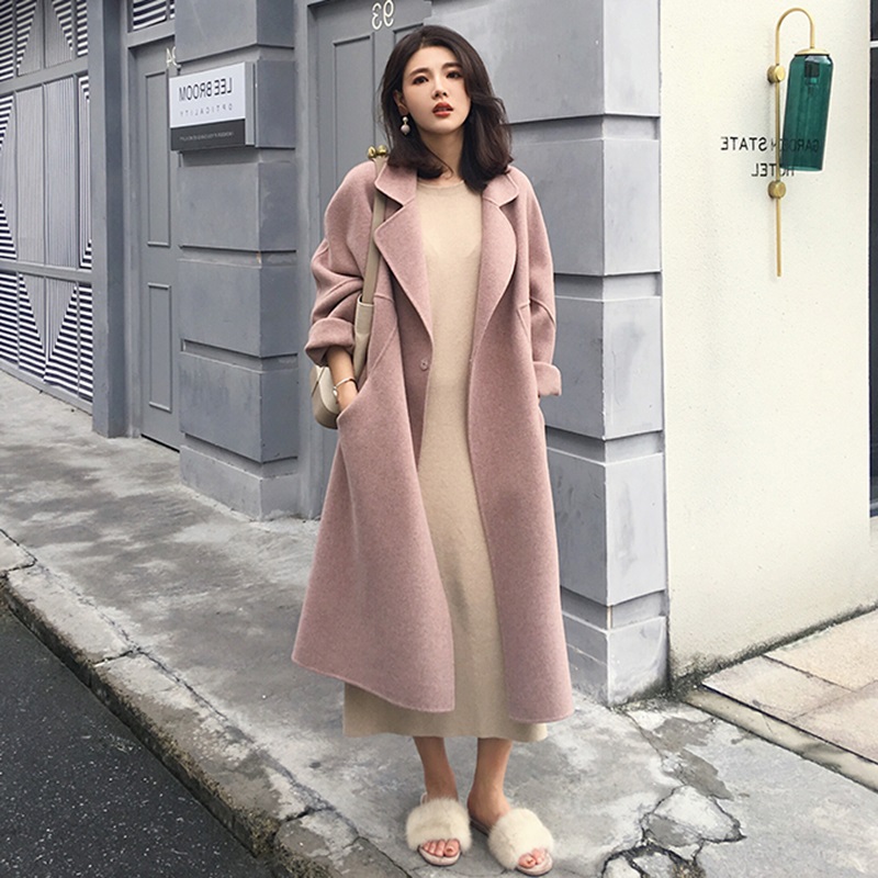 Spring and Autumn 2023 new small thick cashmere coat medium - long dry rose powder coat