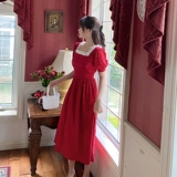 Летняя осенняя ретро дизайнерская красная длинная юбка, платье, французский стиль, тренд сезона, по фигуре, квадратный вырез