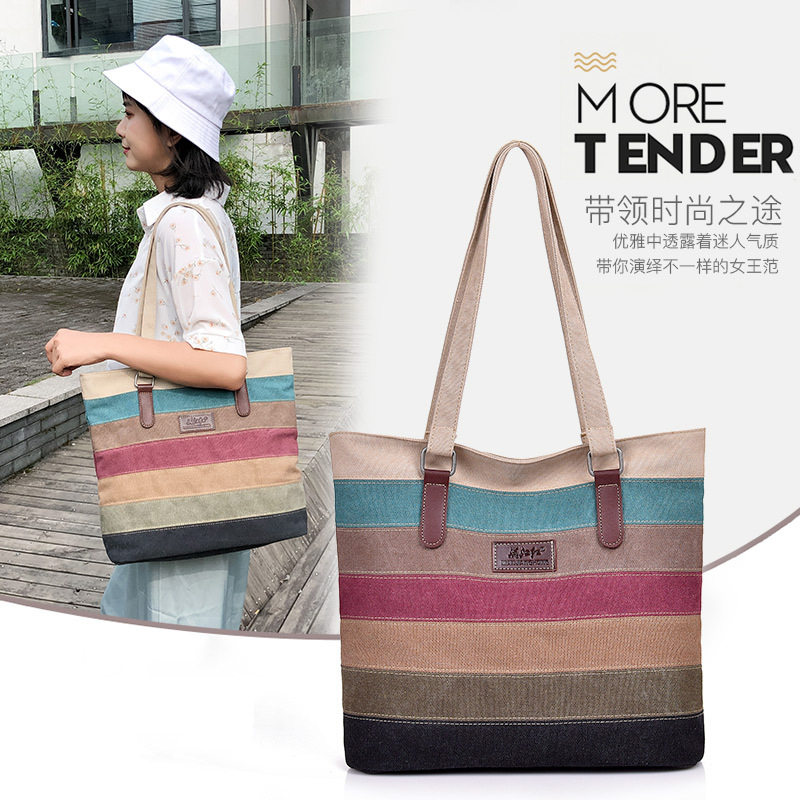 Mommy Bag Canvas Bag 2022 New Fashion Stitching Ladies Handbag Versatile Contrast Color Striped Shoulder Baby Bag - Taobao
