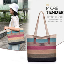 Mommy Bag Canvas Bag 2022 New Fashion Stitching Ladies Handbag Versatile Contrasting Color Striped Shoulder Maternal and Baby Bag