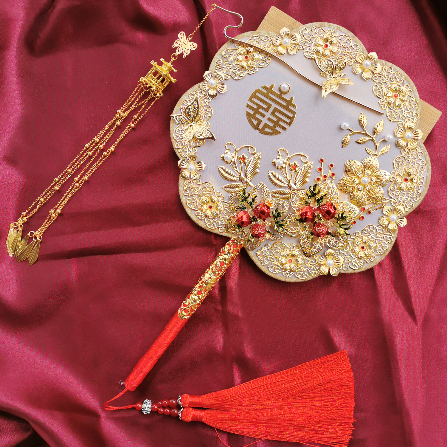 Wedding gift Chinese style Xiuhe suit Hand bouquet Handmade diy material package Ancient style happy fan Wedding fan Bridal fan