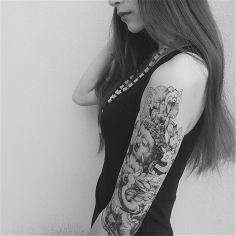 原创纹身贴纸持久男女花臂包小腿佛头莲花象神半甲防水大图刺青贴