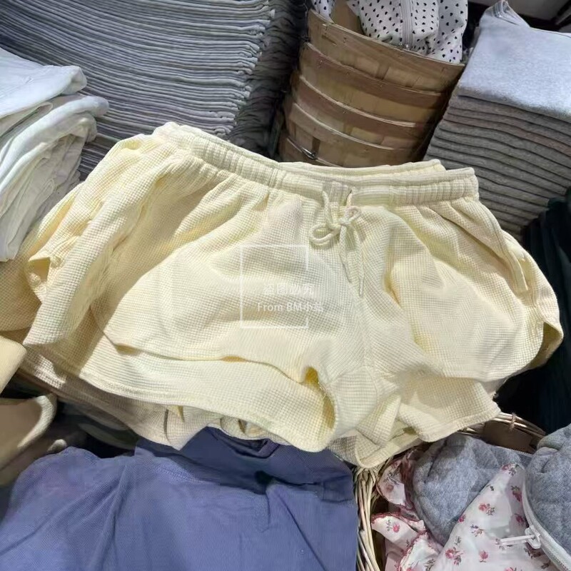 Bm Shorts Light Yellow Waffle Elastic Waist Casual Sports Pants Women's Summer Bm Hot Girl Style Loose Slimming Hot Pants