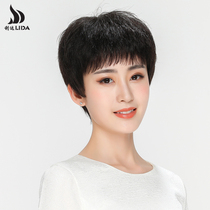 Hand-woven real hair wig Female short hair short straight hair Middle-aged and elderly mother wig set full headgear style real hair natural