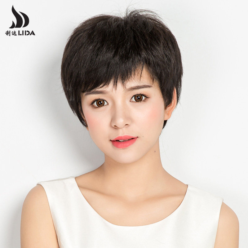 Hand-woven real hair wig Female short hair straight hair Middle-aged mother wig set Full head cover type real hair natural type