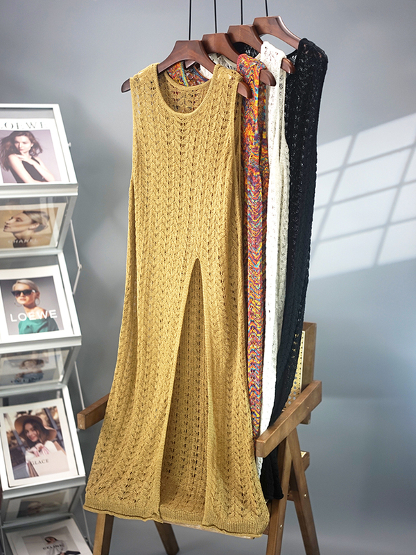 Knitted Dress for Women, Summer 2024 New Style, Ice Silk Hollow-Out French Dress, Sleeveless, Elegant, Slimming, Slit Long Dress, Trendy