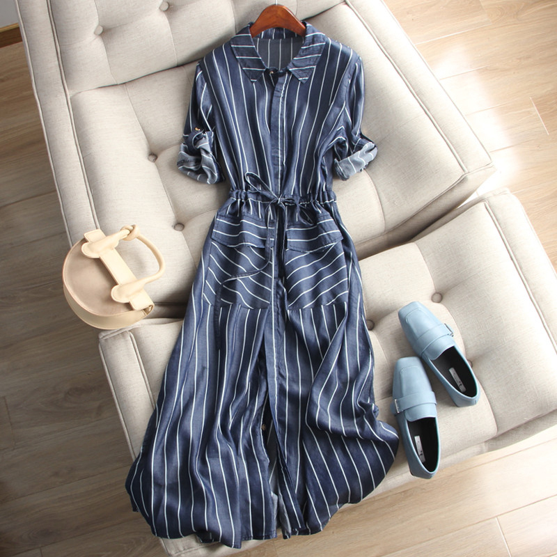 Plus Size Women's Summer New Denim Striped Dress, Korean Style Slimming Belly-Covering Fashionable Mid-Length Shirt Dress for Fat Women Plus Size Women's Summer New Denim Striped Dress, Korean Style Slimming Belly-Covering Fashionable Mid-Length Shirt Dress for Fat Women
