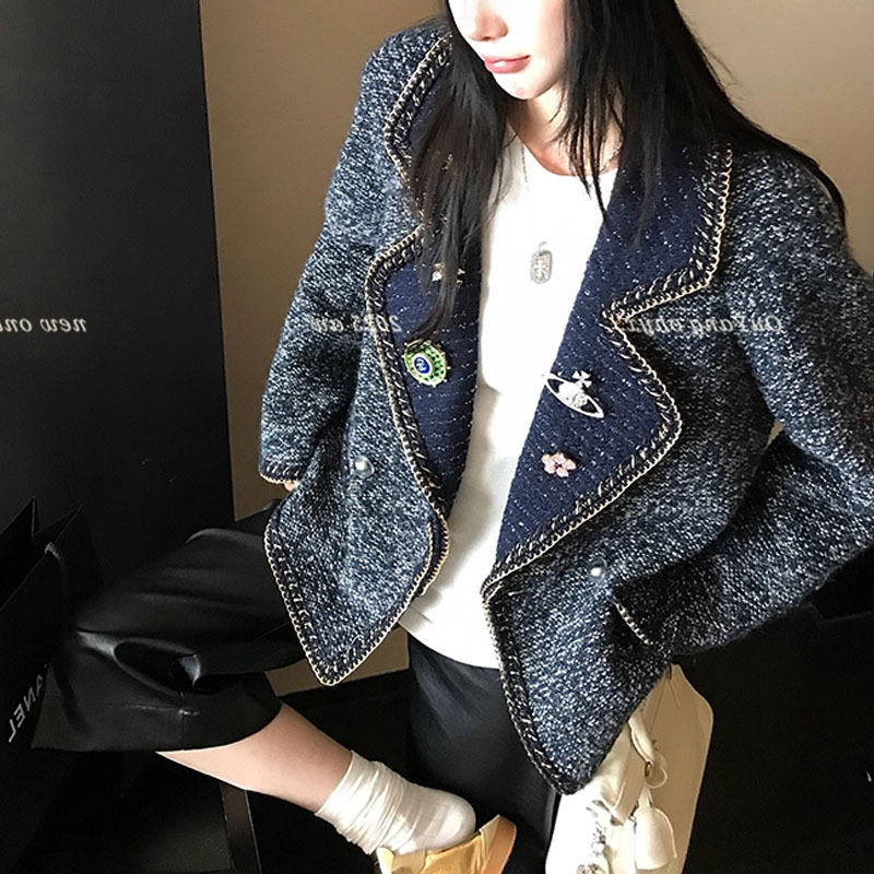 Spring New Style Chanel-Inspired Silhouette Lapel Jacket Tweed Yarn Short Coat Women's Heavy Chain Woven Top