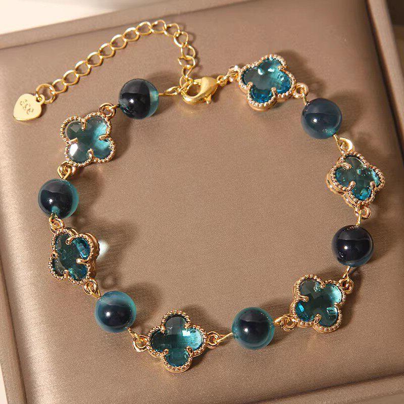 【Huangqiu】New Overseas Luxury Blue Sugar Heart Agate Four-Leaf Clover Bracelet for Women, Light Luxury Niche Design 【Huangqiu】New Overseas Luxury Blue Sugar Heart Agate Four-Leaf Clover Bracelet for Women, Light Luxury Niche Design