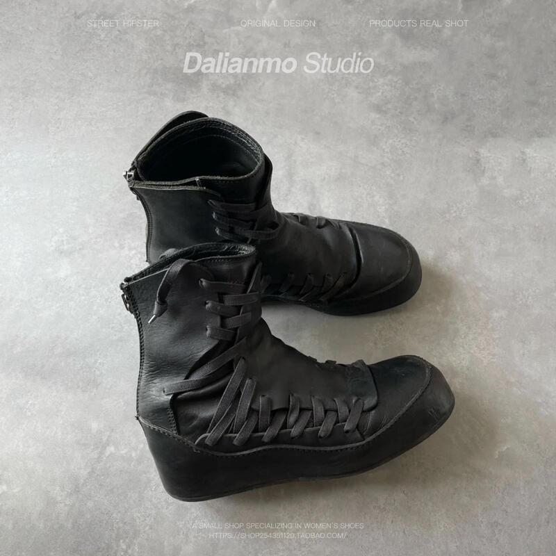 Black Retro High-Top Boots for Men and Women, Super Cool Lace-Up Ankle Boots, Thick-Soled Height-Increasing Stylish Short Boots, Ninja Boots