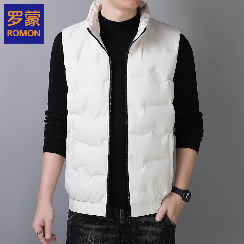 Romon Winter down Jacket for Men, Lightweight White Duck Down, Warm Stand-Up Collar, Sleeveless Vest, Men's Slim-Fit Trendy Coat