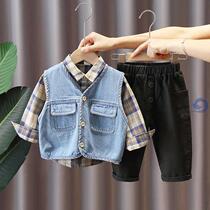 Children Spring and Autumn three sports set Boys 2021 new denim vest baby handsome baby Foreign