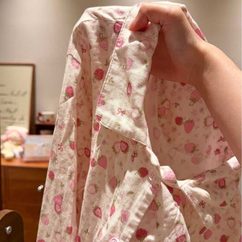 "Cheese Strawberry" Class a Cotton Double-Layer Gauze Pajamas for Women, Sweet and Cute, Spring and Summer Long-Sleeved Pants That Can Be Worn Outside