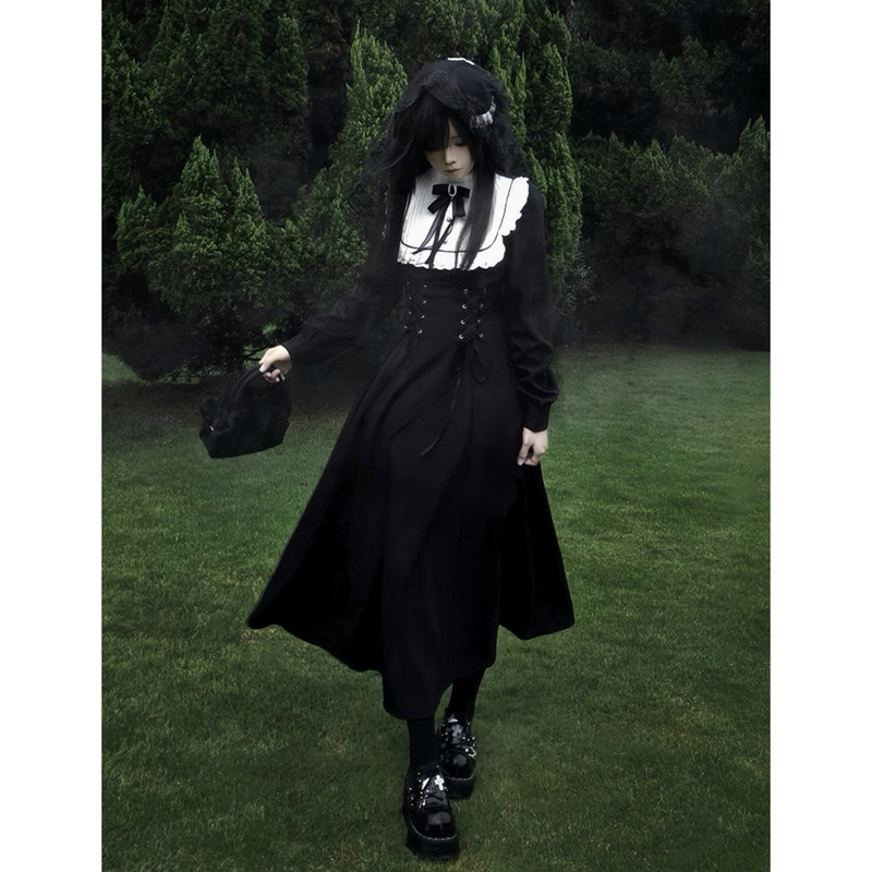 【End of the Eternal Night】Japanese Doll-Style Light Gothic Black and White Patchwork Waist-Cinching Long Skirt Lolita Dress