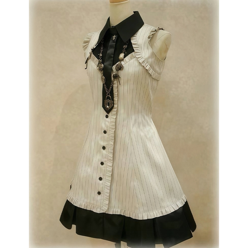 【Heartbeat】Japanese Vintage Elegant Gothic Style Striped Sleeveless Tie Waist Dress 【Heartbeat】Japanese Vintage Elegant Gothic Style Striped Sleeveless Tie Waist Dress