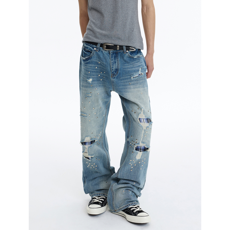 Maxdstr Blue and White Checkered Patchwork Washed Blue Studded Flared Jeans for Men and Women, Extra Long, Floor-Length, Ripped Pants