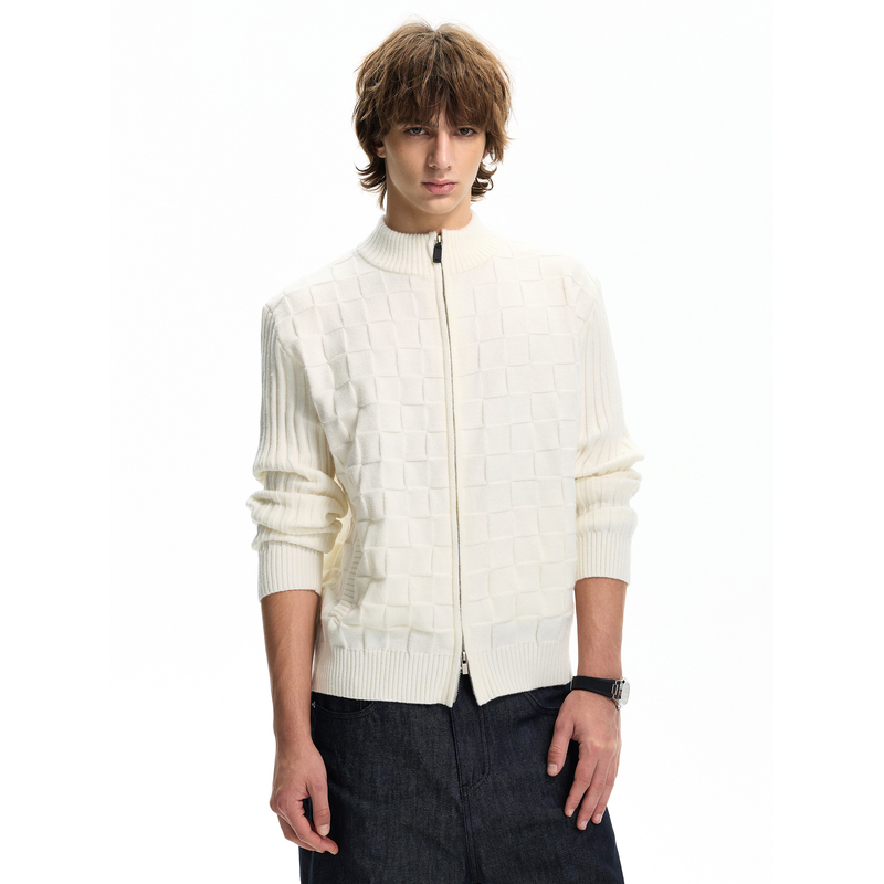 Maxdstr Old Money Slim Fit Pop Art Checkerboard Wool Blend Cardigan Sweater Unisex Knitwear Jacket