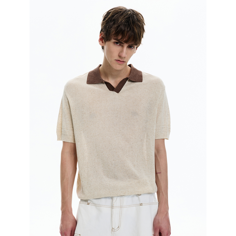 Maxdstr Contrast Color Seagull Collar Jacquard Knit Short Sleeve Linen Lyocell Blend Slimfit Regular Shoulder T-Shirt