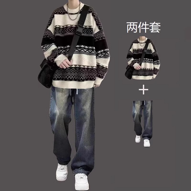 2024 Autumn/Winter Men's Round Neck Sweater Casual Set Retro Knitwear Lazy Style Color-Block Striped New Knitted Sweater