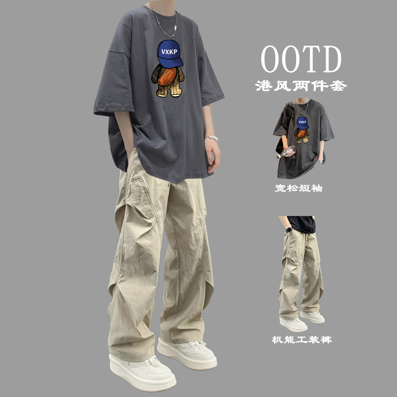 Boys' Summer Short-Sleeved T-Shirt Set, Trendy Youth Men's Clothing Set ins with Casual Cargo Pants Two-Piece Set
