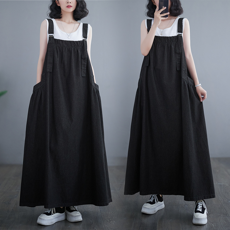 Plus Size Women's Denim Dress, Summer 2024 New Vintage Loose Slimming Long Suspender Dress