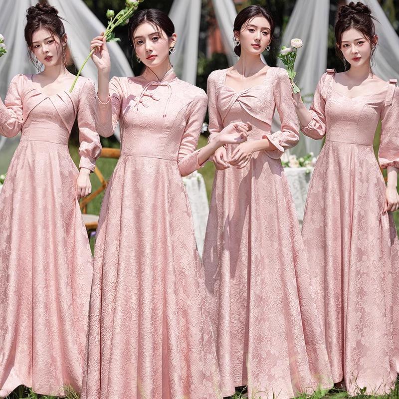 Pink Long-Sleeve Bridesmaid Dress, New Chinese Style, High-End Feel, Sister Group Engagement Dress, Women's High-End Light Luxury Niche Spring Dress Pink Long-Sleeve Bridesmaid Dress, New Chinese Style, High-End Feel, Sister Group Engagement Dress, Women's High-End Light Luxury Niche Spring Dress