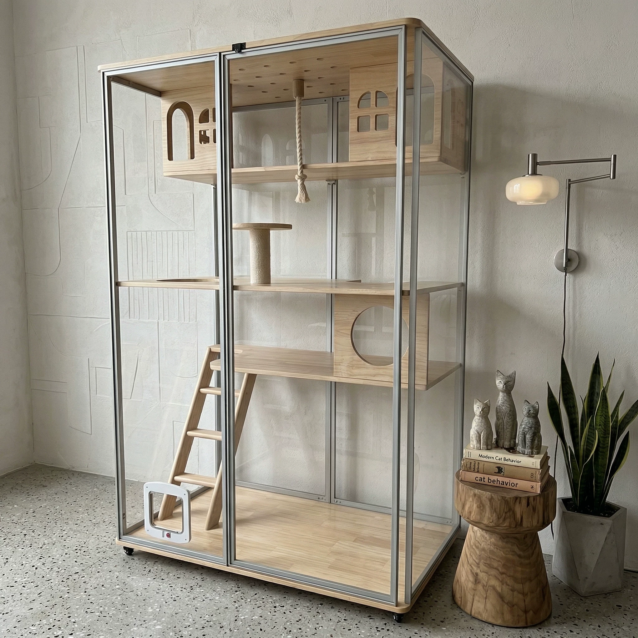 Панорамный домик-кошатник из цельного дерева для котов, уютное indoor-кошачье жилище с роскошным стеклянным домиком, трехуровневый клеточный приют для кошек