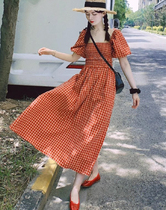 2024 French retro red plaid slit temperament dress square neck waist slimming holiday long dress summer