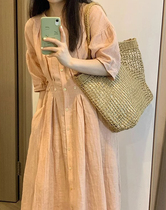2024 French light luxury tea break sweet pink mid-length skirt fashionable linen pleated slim loose shirt skirt