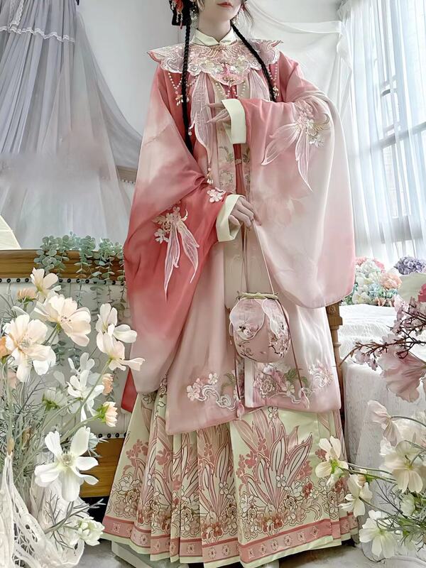 Tangyun Light Clothing Shop Original Hanfu for Women [Sweet Sugar Jade] Ming-Style Stand-Up Collar Shirt with Cloud Shoulder Embroidery Mamian Skirt Daily Wear