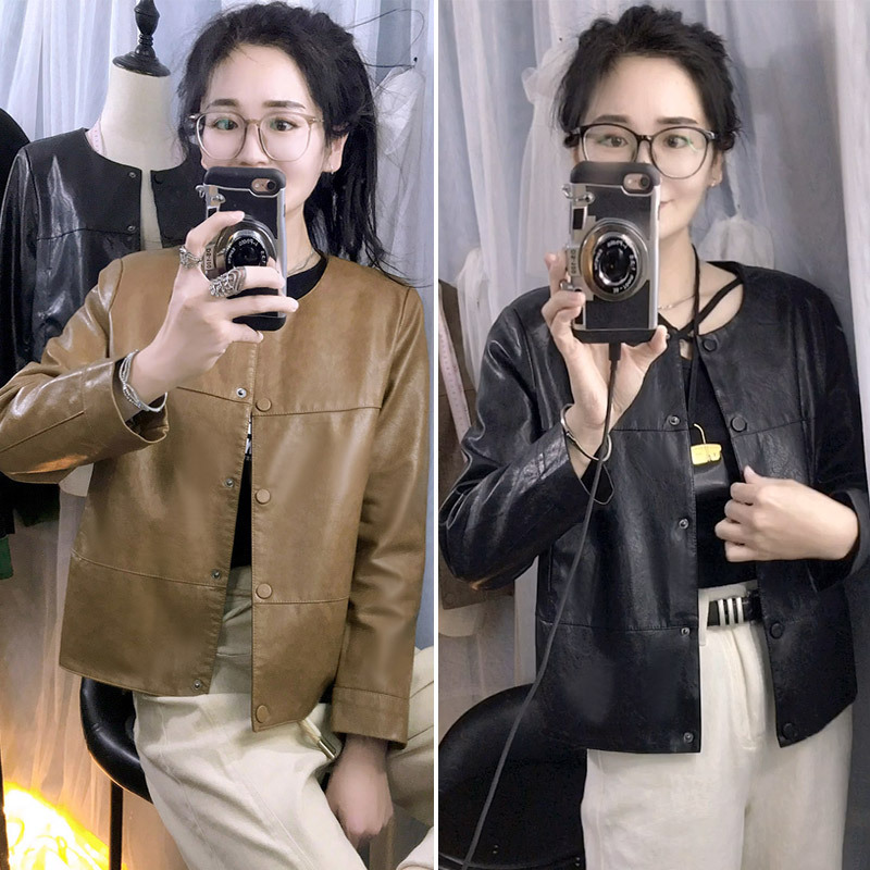 Women's Leather Jacket 2026 Spring New Casual Trendy Petite Round Neck Short Loose Casual Leather Jacket