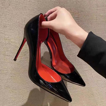 Lasanye1949 Cl Red-Soled High Heels with Red Lining, Shallow Open-Toe Design, Side Cutouts, Pointed Toe, Stiletto Heel, Black Patent Leather