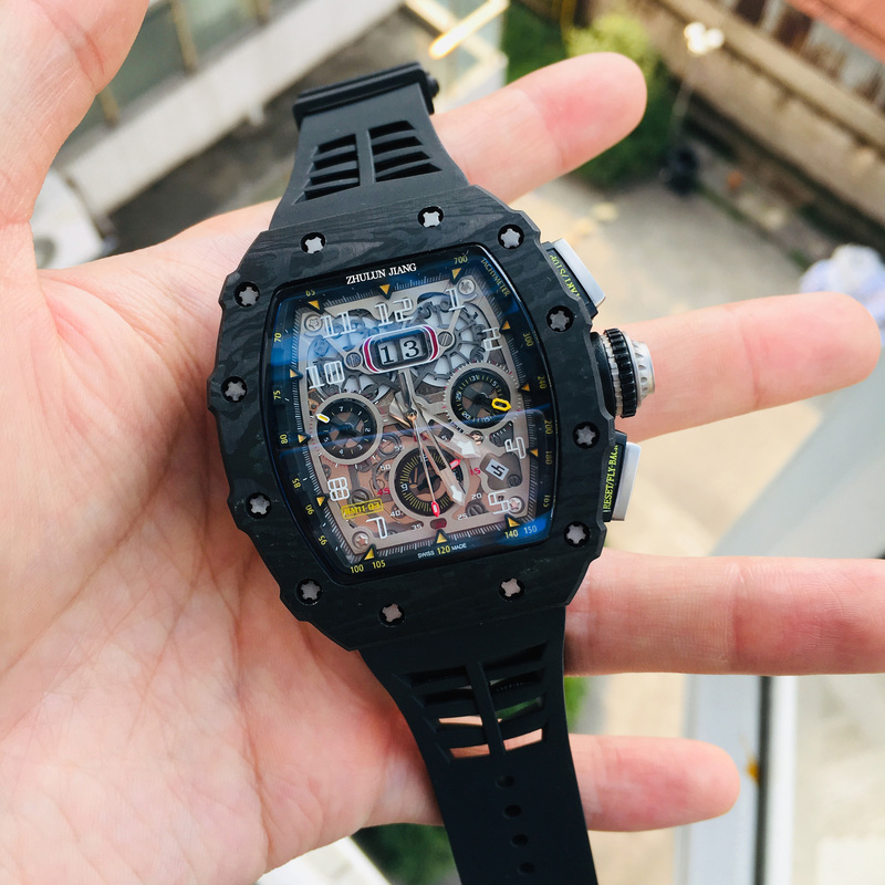 Carbon Fiber Richard Fully Automatic Mechanical Men's Watch, Fashionable Multi-Functional Hollow Design with Luminous Tape, Trendy and Unique Calendar