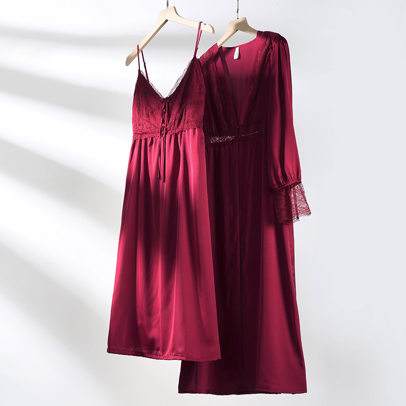 Wine Red Bridal Bridal Brit Wedding Superior Princess Wind Emulation Silk Sexy Harnesses Sleeping Skirts Two Sets of Long Version Senses