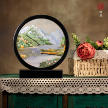 Xiangchuanli Hunan embroidery hand embroidery double-sided embroidery Great Wall 20 round screen purple sandalwood frame ornaments business companion gifts