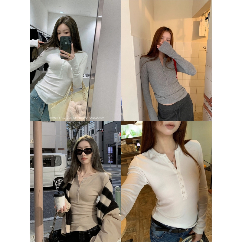 siii German velvet Henley shirt women's V-neck autumn and winter new high-end Korean style t-shirt slim long-sleeved top