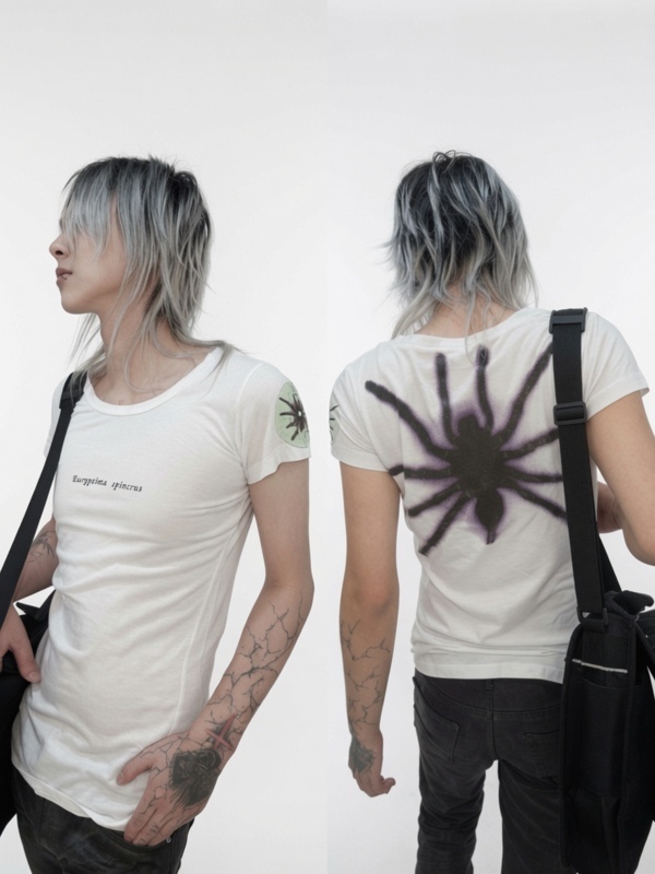 Serumcore-Lgb Spider Print Slogan Short-Sleeve T-Shirt Slim Fit Stretchy Visual Style Avant-Garde Dark Subculture