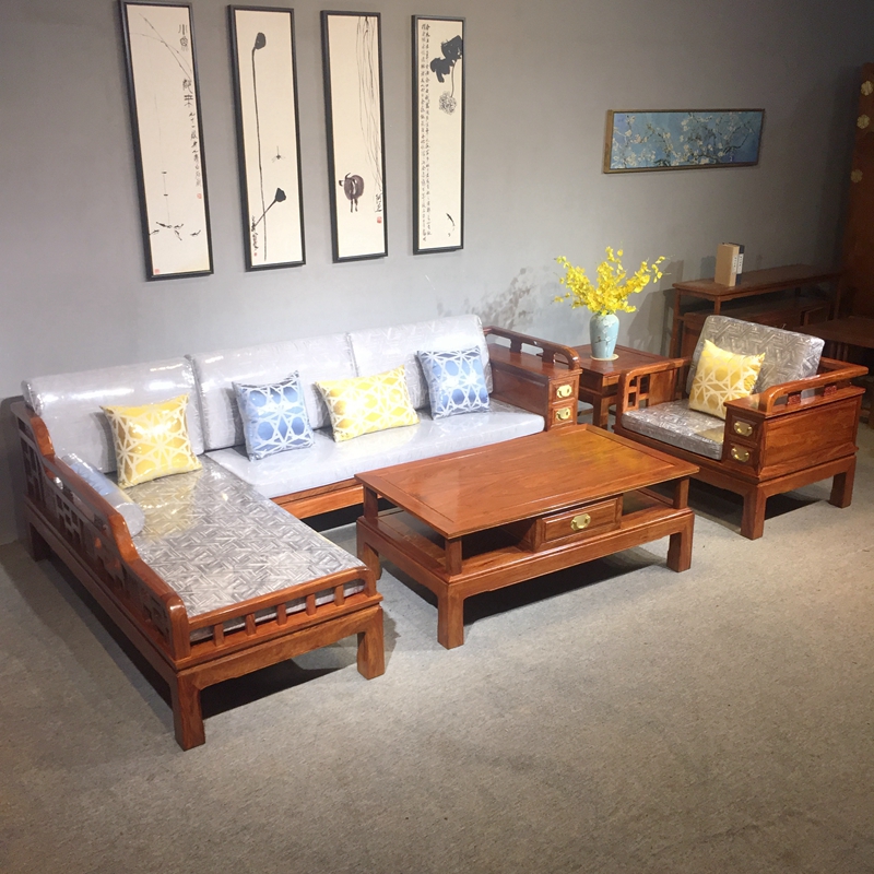 Mahogany rosewood solid wood art hedgehog rosewood log new Chinese style living room design multi-person corner chaise longue sofa