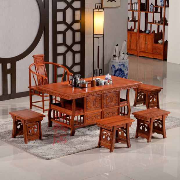 Mahogany furniture natural rosewood solid wood hedgehog red sandalwood log tea table coffee table kung fu tea table and chair induction cooker