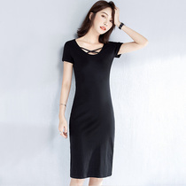 Cross collar Medium-length dress chic design sense dress spring and autumn slim new womens 2021 explosive short sleeve