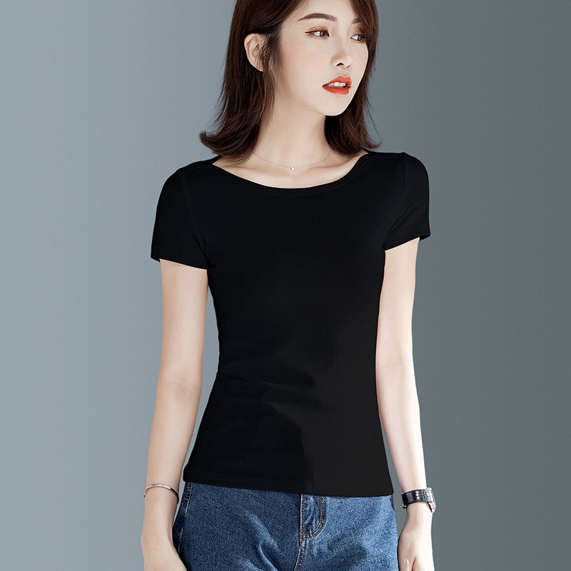 Black Slim-Fit Ribbed Cotton Off-Shoulder Short-Sleeve T-Shirt for Women, New Summer Style, Solid Color, Versatile, Slimming Base Shirt