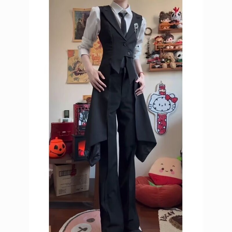 Ascetic Dark Style Suit Vest, V-Neck, Single-Breasted, Black Trendy Vest, Long Style, Peaked Lapel, Swallowtail Uniform