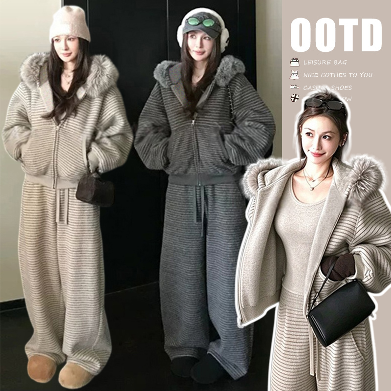 Maternity Wear Autumn and Winter Set, Lazy Style Hooded Jacket, Cardigan, Wide-Leg Pants, Complete Two-Piece Outfit
